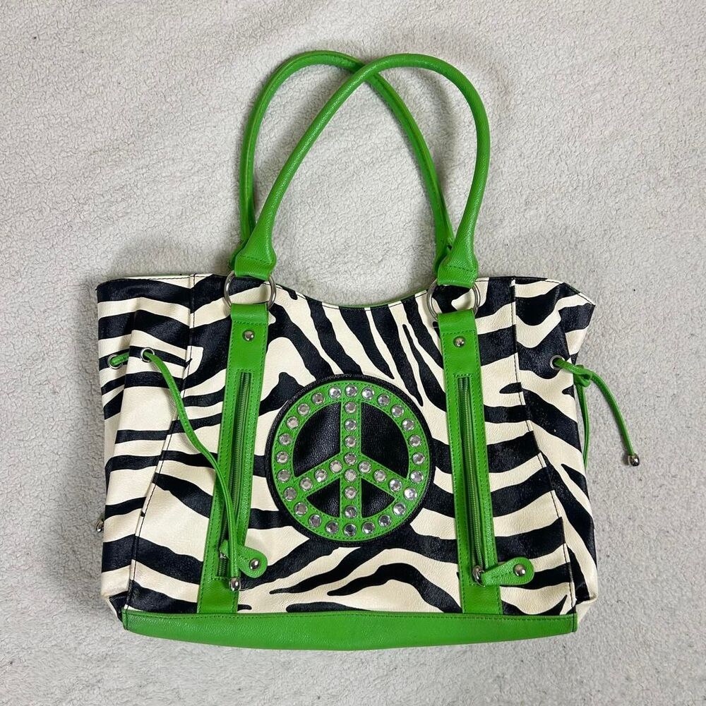 Scene Zebra and Lime Green Peace Sign Studded Purse